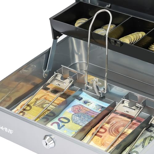 HMF 15230-09 Kasetka na pieniądze zamykana, z wkładem na monety i 4 przegródkami na banknoty z klamrą, 30 x 24 x 9 cm, kolor srebrny