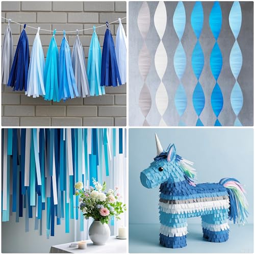 Image of Blue Silver White Crepe Paper Streamers, 6 Rolls, 738 Ft