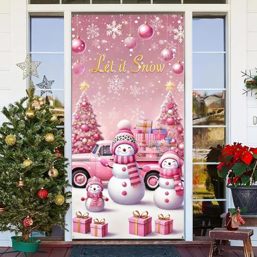 Image of BlissYard Pink Snowman Christmas Door Cover 35x71 Inch Snow Door Banner, Pink Holiday Door Decoration for Front Door, Indoor Outdoor Winter Christmas Backdrop Photography Party Decor