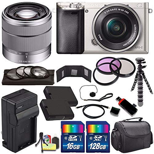 Sony Alpha a6000 Mirrorless Digital Camera with 16-50mm Lens (Silver) + Sony SEL 1855 18-55mm Zoom Lens + 144GB Bundle 16 - International Version (No Warranty)