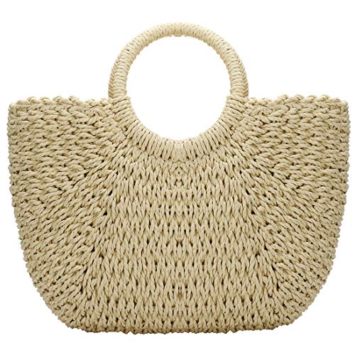 Image of YYW Straw Bags for Women,Hand-woven Straw Large Bag Round Handle Ring Tote Retro Summer Beach Rattan bag