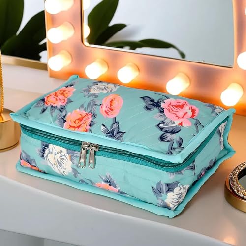 Image of Kuber Industries Flower Printed Portable Cotton Jewellery Organizer /Case /Bag With 6 Transparent Pockets (Green)