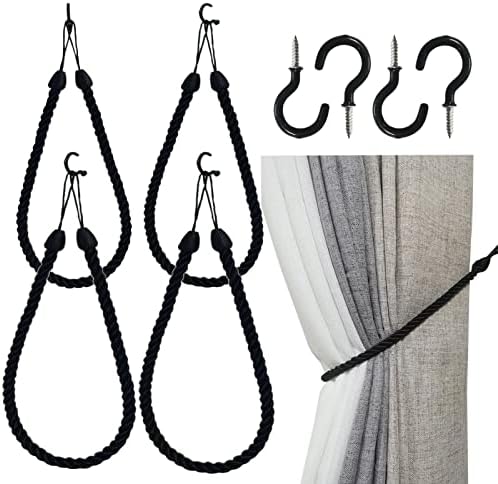 SLIFEOW Curtain Tiebacks Ropes 4 Pack, Decorative Handmade Tie Backs Curtain Holdbacks with 4 Metal Screw Hooks, Holders Cord for Thin or Thick Window Drapes Indoor Outdoor (Black, 4)