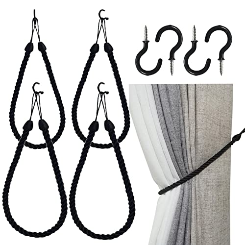 Slifeow Curtain Tiebacks Ropes 4 Pack, Decorative Handmade Tie Backs Curtain Holdbacks With 4 Metal Screw Hooks, Holders Cord For Thin Or Thick Window Drapes Indoor Outdoor (Black, 4) #TOP13