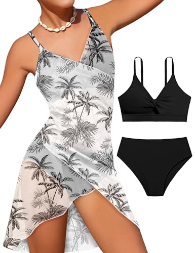 Girls Swimsuits 3 Piece Tropical Print Bathing Suits Twist Cross Bikini Set with Backless Wrap Dress Cover Up