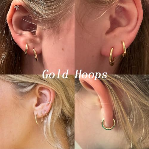 4 Pairs Small Gold Hoop Earrings Set for Women, 14k Gold Plated Cartilage Hoop Earring Hypoallergenic Small Hoop Earrings for 2nd 3rd Hole Huggie Hoop Earrings for Women Men Gifts (Gold-1.6mm)4