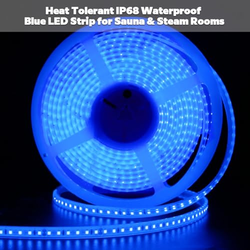 Image of SuperLightingLED 24 Volt Blue LED Strip Sauna Light, Heat-Tolerant Flexible Dimmable Cuttable 5m /16.4ft 600 LEDs High-Density Bright IP68 Waterproof Sauna Room LED Tape (Blue)