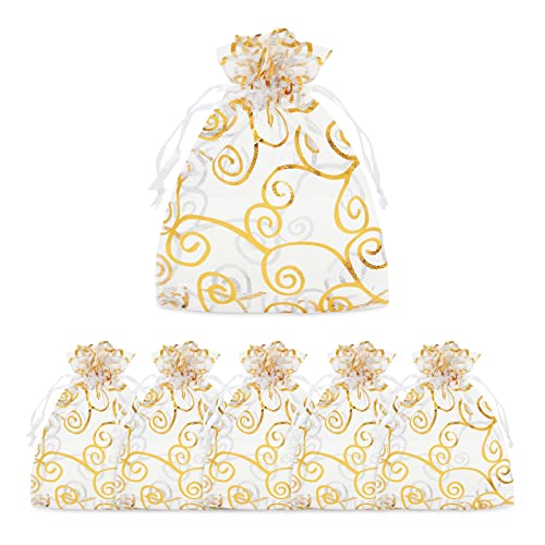 Juvale Organza Gift Bags, Drawstring Pouch, Gold Swirl Design for Wedding (120 Pack)