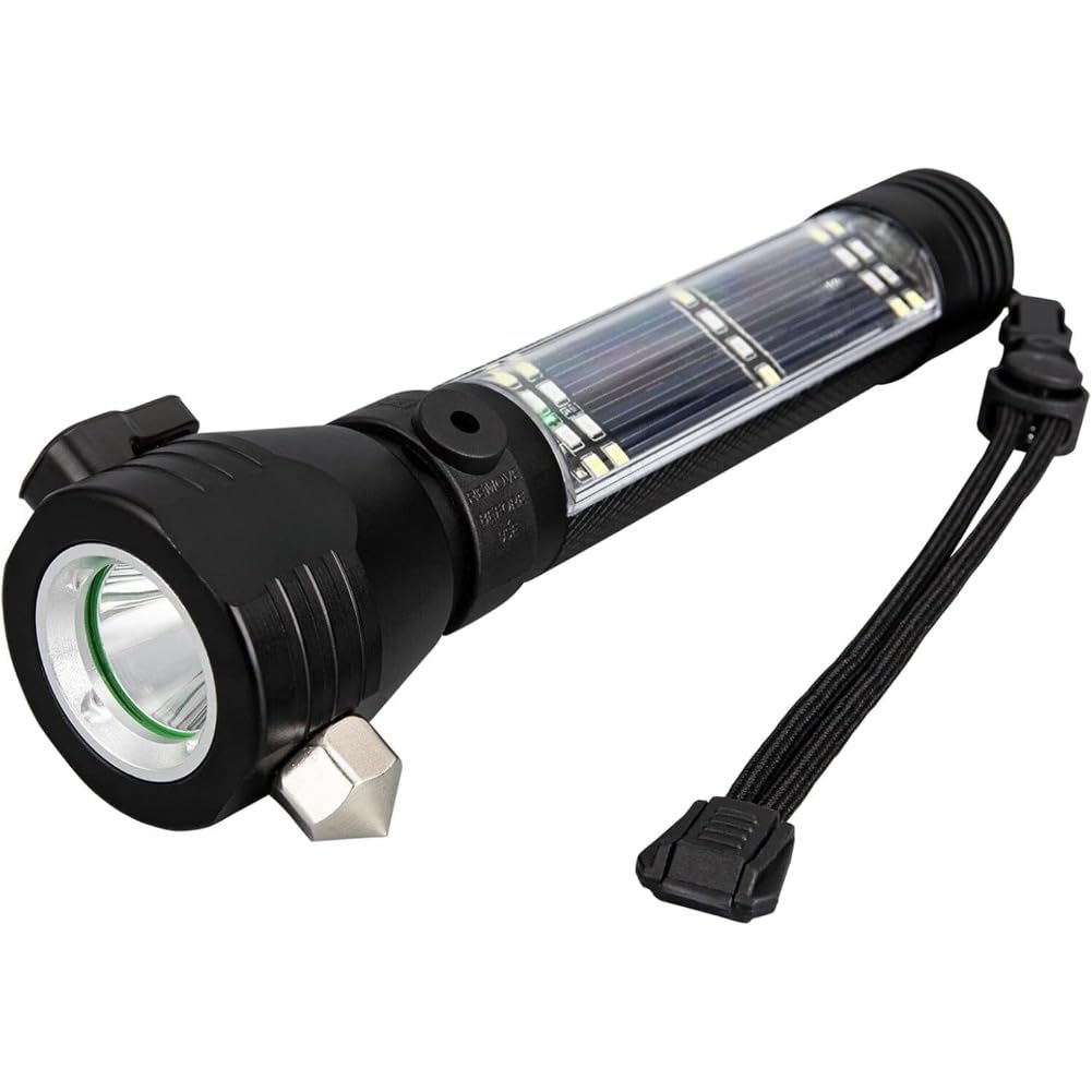 EBILUN LED Torch Battery Powered,USB Rechargeable Solar Powered Hand Flashlight with Glass Breaker,Seatbelt Cutter for Camping Outdoor Car Home Emergency (1 Pack)