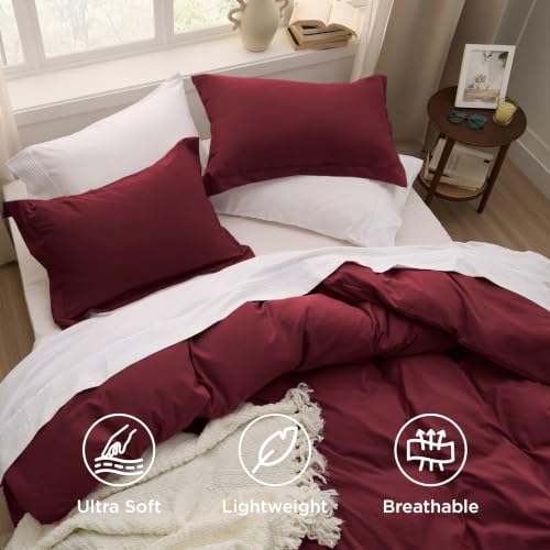 Image of Bedsure Prewashed Duvet Cover Queen, Cotton-Like Bedding Set, Burgundy | Ultra Soft, Relaxed Texture, 90 inchx90 inch Breathable Comfort, Hidden Zipper, 8 Corner Ties, Easy Care, OEKO-TEX, Year-Round Use