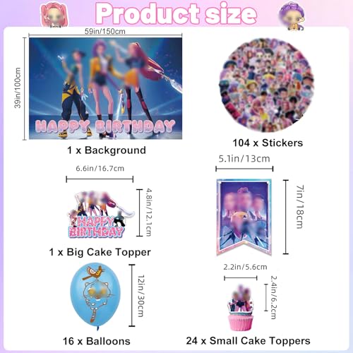 147 Pcs Kpop Party Supplies Kit,Complete K pop Birthday Decorations Set with Banner,Backdrop,Balloons,Cake Toppers and Stickers,Anime Demon Theme Party Favors Hunters Decor for Kids Boys Girls