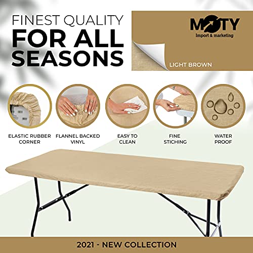 Tablecloth For Folding Table -Fitted Rectangular Table Cloth Plastic Vinyl Backed With Elastic Rim- For Christmas|Parties, Picnic (Light Brown, 8 Ft, 32X96 Inch) #TOP2