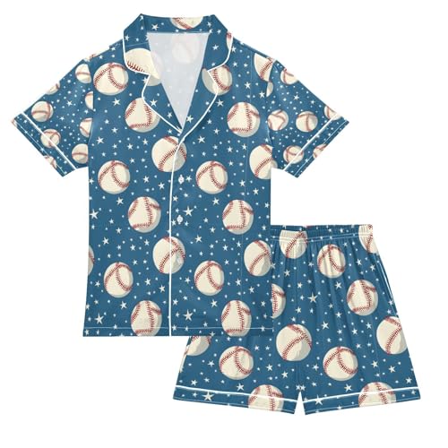 senya Baseball Star A Space Satin Summer Pajama Sets Silk Short Sleeve Button Down Sleepwear