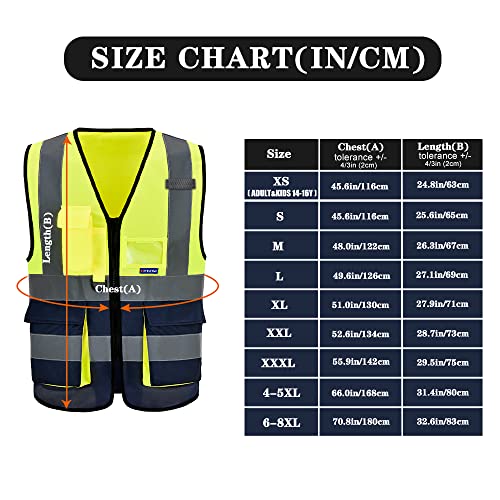 Image of Reflective Safety Vest, Reinforced Points, Zipper, Yellow /Navy, L | Yellow /Navy L work vest with reinforced pockets, clear ID holder and mic tabs for warehouse logistics and assembly work.