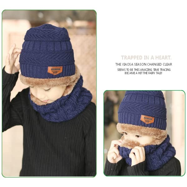 Dressify® (A Grade Cashmere Wool - Imported Soft Warm Snow and Air Proof Fleece Knitted (Inside Soft Fleece) Woolen Beanie Winter Cap with Scarf for Kids Boy's I Girl's Blue Color