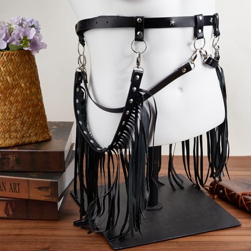 GORGECRAFT Black Tassel Waist Belt Vintage PU Leather Punk Wide Long Fringe Fashion Adjustable Women Jeans Skirt Waistband Belts for Halloween Party Dance Cosplay Costume Fancy Dress4