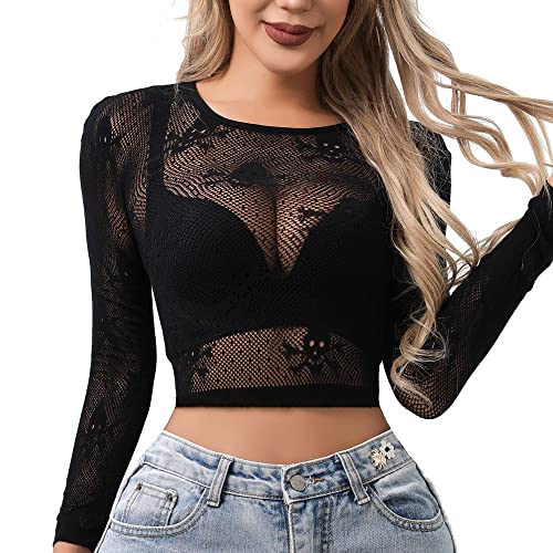 Buitifo Women Sexy Crop Top Fishnet Lingerie Skull Cosplay Tee Shirt Blouse Exotic Beach Cover Up2