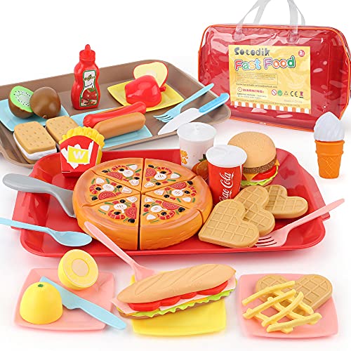 Sotodik 40PCS Play Food Pretend Play Fast Food Toys Set Cutting Pizza Hamburger Fruit Playset for Toddler Kid Boys Girls Toys(Double Tray)