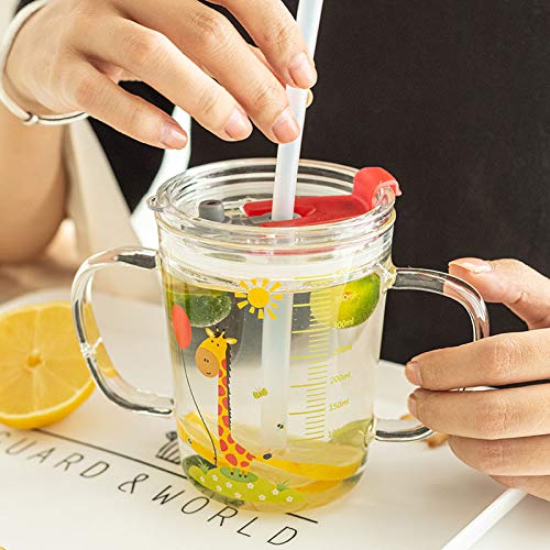 Glas Milchbecher 400ml Mit Messskala - Inklusive Silikonstroh & Deckel | Hitzebeständig Mikrowelle