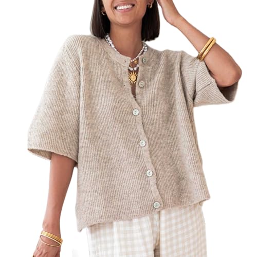 Women Y2K Button Up Knitted Crop Cardigan Shirt Short Sleeve Open Front Cropped Sweater Girls Streetwear Top