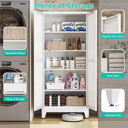 Image of Metal Storage Cabinet with Doors and Adjustable Shelves | 71 inch Tall Pantry Cabinet for Kitchen Dining Room Bathroom Garage,White,1 Pce