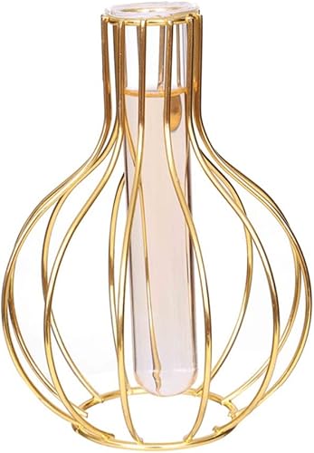 Jarrones de escritorio para plantas con tubo de ensayo, florero de cristal con soporte de metal dorado, estación de propagación, soporte para