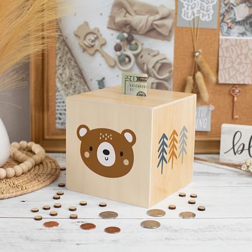 Wooden Piggy Bank for Kids - Beautifully Crafted Coin Bank Encourages to Start Saving Money Early - A Great Gift for Girls and Boys That Brightens Up Every Kids Bedroom