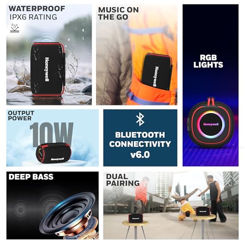 Image of Honeywell Suono P310 Bluetooth 6.0 Speaker, 10W, Deep Bass Dual Radiators, 12H Playback, IPX6, Dual Speaker Pairing, RGB Lights, USB /AUX /SD, Type-C Charging, Built-in Mic, 2yr Manufacturer Warranty
