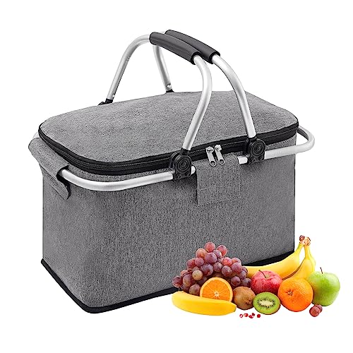 Cesta Picnic Plegable con Asa 30L - Bolsa Térmica Grande con Tapa de Transporte para Camping (Gris)
