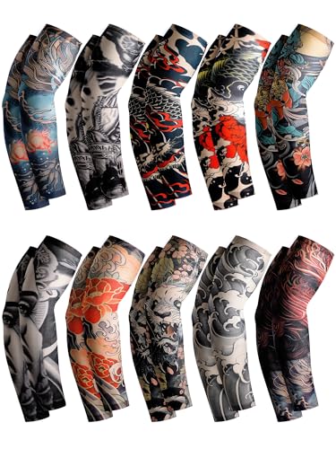Boao 24 Pcs Temporary Tattoo Sleeves for Men Summer UV Protection Arm Sleeves Fake Tattoo Cover with Skull Pirate Beast(Fashion Style Striking Colors Medium)