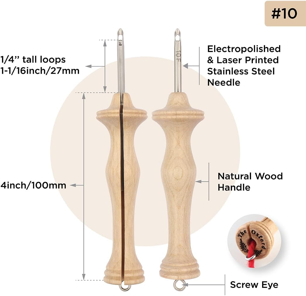 The Oxford Punch Needle #10 (1/4 inch Loop) Fine Point Punch Needle | Patented Design | Ergonomic Natural Wood Handle | Electropolished Steel Tip | Ideal for Rug Hooking