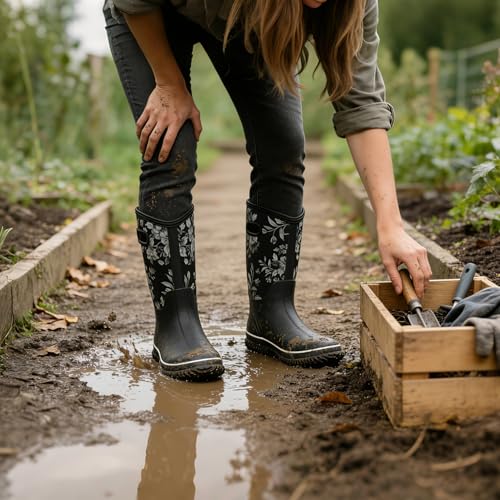 Image of WTW Womens Mid Calf Rain Boots - Waterproof Insulated Neoprene Rubber Boots Mud Outdoor Hunting Garden Boots