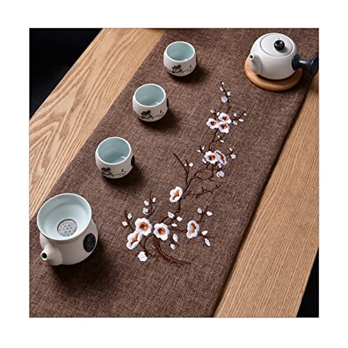 Agobel Chemin de Table Luxe, Decoration Table Anniversaire Lin Broderie Prune Tischlaufer Café Léger 210X30CM(84"X12") Cover