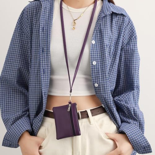 PU Leather Double Zipper Wallet Purse for Women Men Hands Free Neck Wallet with Long Strap-Purple