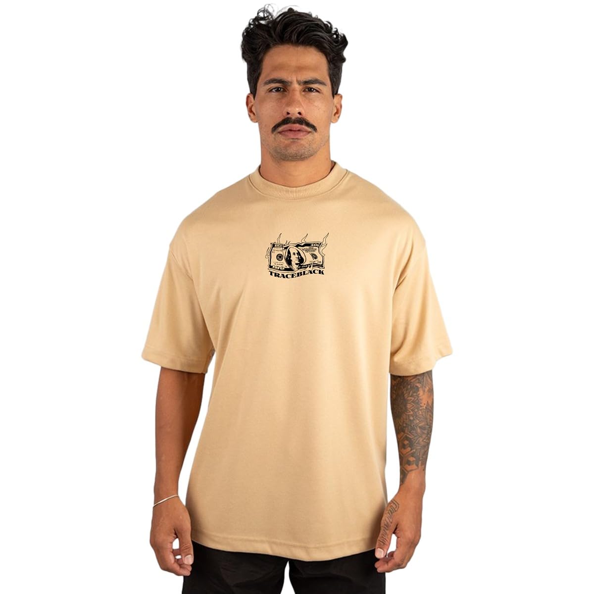 Camiseta Oversized Masculina Streetwear Trace Black Dolar 100% Algodão Premium 30.1 Penteado