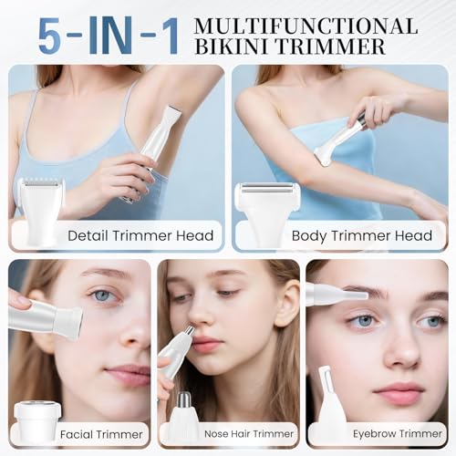 5 in 1 Bikini Trimmer for Women - Electric Razors for Women, Cordless Rechargeable Electric Shaver, IPX7 Waterproof Wet Dry Lady Body Hair Remover for Face Nose Eyebrow Arm Leg Pubic Armpit Bikini - image 3