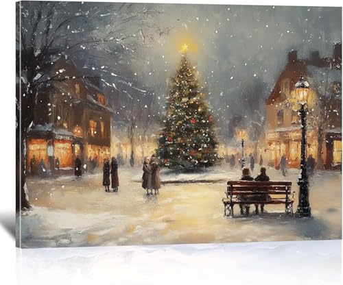 DRLWGTY Vintage Christmas Tree Wall Decor,Winter Christmas Night Street Scene,