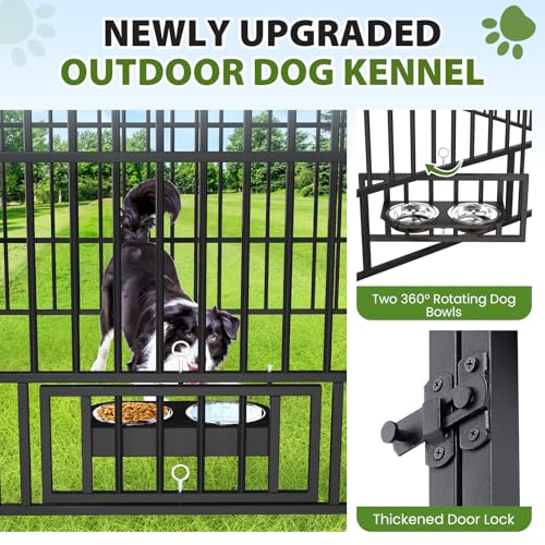Rovibek Outside Dog Kenne with Roof, Outdoor Dog Kennel with 3 Sides Sun-Proof Cover,Large Dog Kennel Outdoor, Dog Run Enclosure with 2 Rotating Bowls for Large Dogs