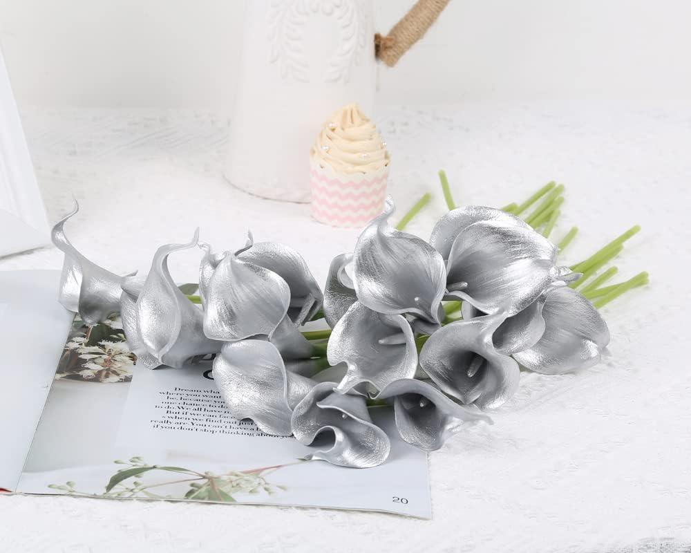 IPOPU Silver Calla Lily Artificial Flowers, 24pcs for DIY Wedding Bouquets, Centerpieces, Bridal Shower, Party, Home Flower Arrangement Decorations