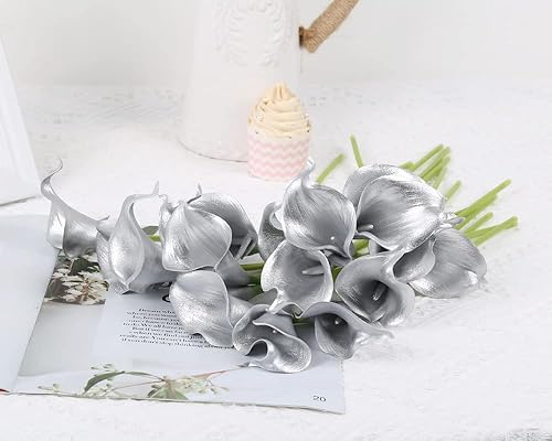 Miniatura 2 de IPOPU Flores artificiales de lirio de cala plateadas, 24 piezas de flores plateadas para bricolaje, ramos de boda, centros de mesa, despedidas de