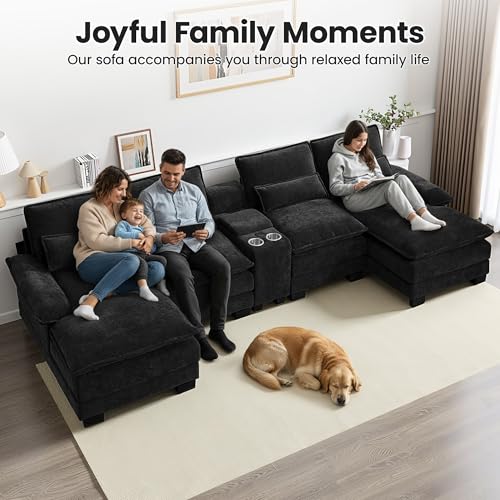 125\" U Shaped Cloud Modular Sectional Couch for Living Room, Small Comfy Chenille Sofa with Double Chaise Lounge, Storage Central Console, Cup Holders, USB Port,Black - Thumbnail 7