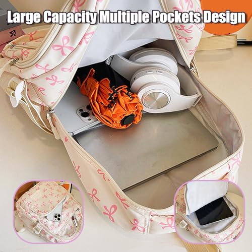 Coquette Bow Backpack 3Pcs Set, 3Pcs Set Bow Backpack for Girls, Cute Kawaii Backpacks Set Large Capacity (White)3