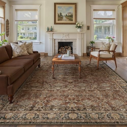 PureCozy 8x10 Area Rug Machine Washable Living Room Bedroom Vintage Distressed Non Slip Carpet Indoor Large Low Plie Thin Beige Dining Room Office Retro Accent Throw Rug 8' x 10' (Rectangula