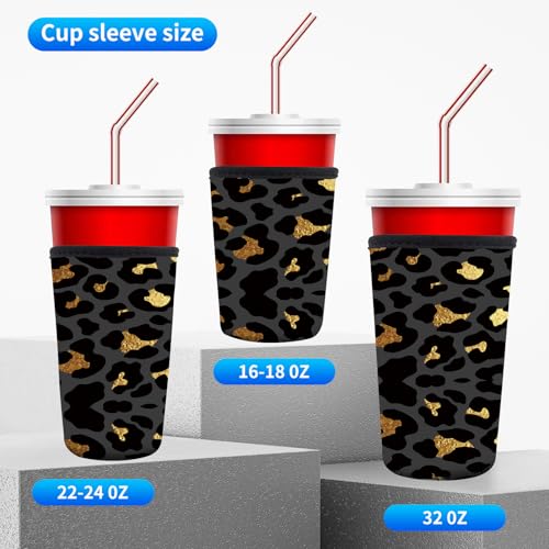 Image of 3 Pack Reusable Neoprene Insulator Sleeve for Iced Coffee Cups, Funny Coffee Cup Sleeves for 16-32oz Coffee cups, Cute Drink Sleeve for Cold Hot Beverages Cute Black Leopard