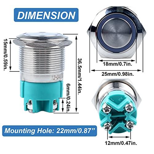 Image of 22mm Latching Metal Anti-Vandal Push Button Switch Waterproof Large Current 15Amp 110V 1NO Screw Terminals for 0.87 inch Mounting Hole with Halo Ring Blue LED
