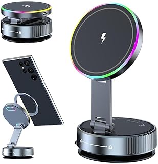 車載スマホホルダー 磁気吸着 15W急速充電対応 ワイヤレス充電 半導体冷却システム搭載 360°回転可能 真空吸盤式 車載マウント アルミ合金製 耐熱ゲル吸盤 RGBライト付き