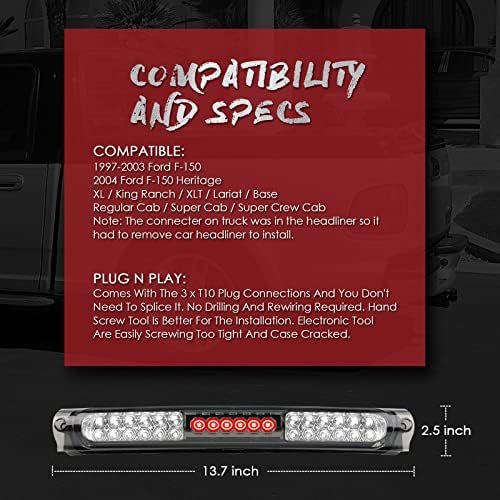 3rd Third Brake Light LED Compatible with Ford 1997 1998 1999 2000 2001 2002 2003 2004 F150 / 2004 Heritage High Mount Stop Third Center Cargo Rear Brake Light Bar Taillight (Black Smoke) — view 6