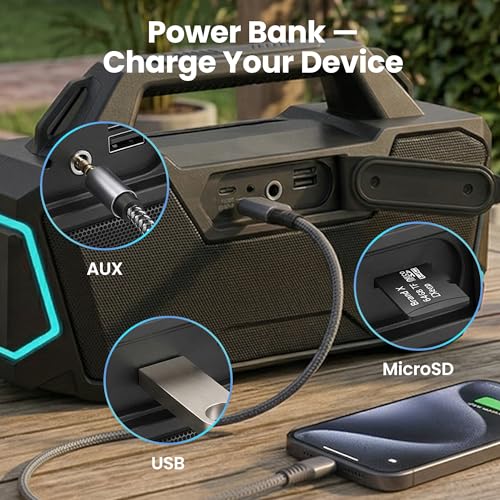 Image of GEARit Boombox Outdoor Speaker Portable | 120W Subwoofer Deep Bass Karaoke | IPX6 Waterproof RGB Light Bluetooth 5.3 EQ | AUX /MicroSD /USB Power Bank 12H Playtime for Camping Beach Party Pool Gift