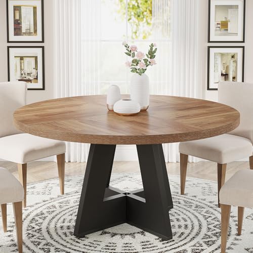 Image of Tribesigns 47 inch Round Dining Table Wood Kitchen Table for Dining Room, 47 inch Dinner Room Tables for 4-6, Farmhouse Accent Furniture with Wooden Tabletop and Cross Base, Brown+Black