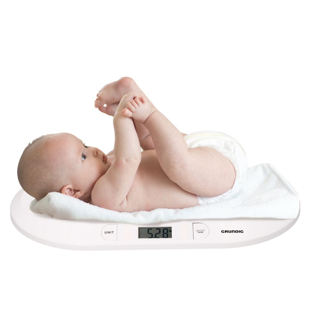Grundig Bilancia Neonato Digitale - Precisione 10 Grammi - Max 20 Chili - Bilancia Pesapersone Digitale Funzione Tara - Neonato Accessori Utili Bilanciamo - Bianco